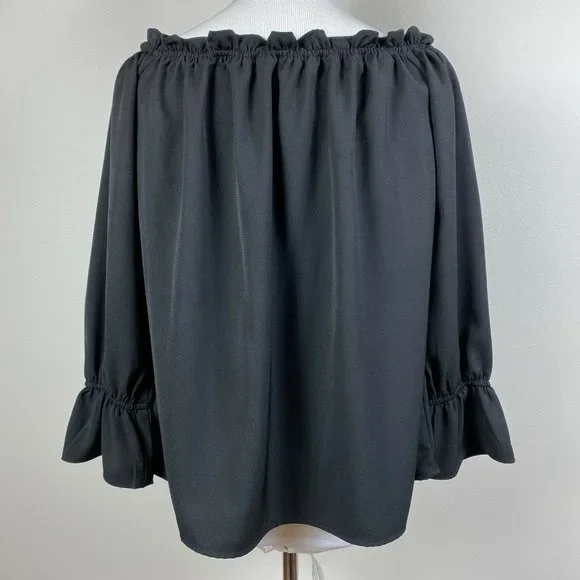 Lulus Top S Off The Shoulder Black Ruffle 3/4‎ Sleeve Solid Dressy Blouse - Picture 6 of 10